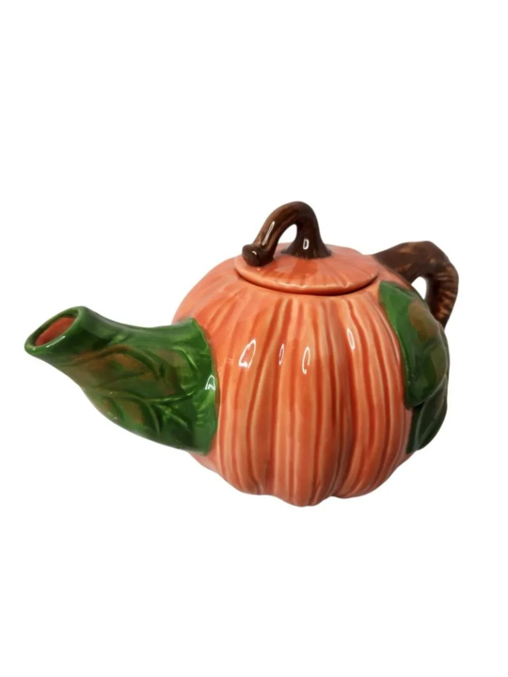 Vintage Autumn Orange Pumpkin Ceramic Teapot Lid Green Spout Brown Handle 5
